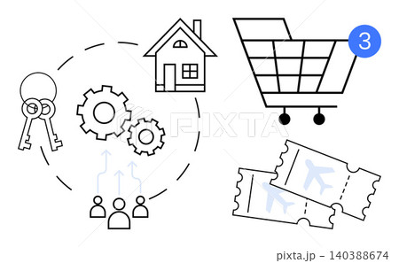Real estate, e-commerce, travel booking, teamwork, business management, process optimization. Keys, house gears shopping cart airplane tickets and user icons. Real estate and e-commerce concept Real estate, e-commerce, travel booking, teamwork, business management, process optimization. Keys, house gears shopping cart airplane tickets and user icons. Real estate and e-commerce concept 140388674
