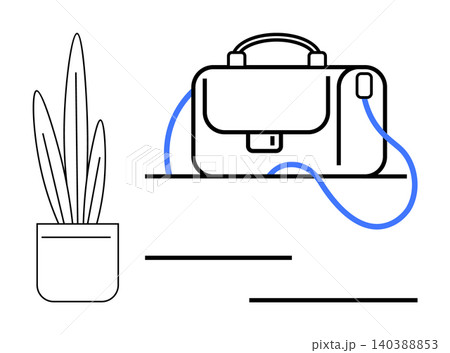 Office organization, professional workspace, modern tools, productivity, remote work, creative arrangements. Minimalist bag, plant abstract lines. Office organization and productive workspace 140388853