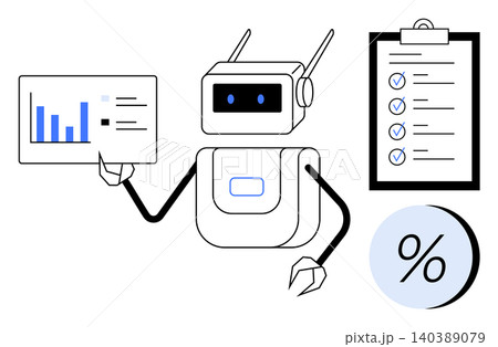 Artificial intelligence, data processing, automation, efficiency, analytics, technology applications. Robot holding data chart beside checklist and percentage sign. AI and data processing concept 140389079