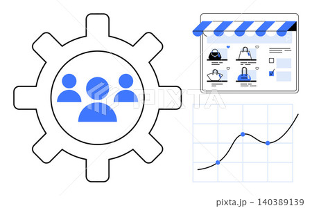 Business strategy, teamwork, online shopping, e-commerce, growth analysis, productivity. Gear with users, shopping app interface and graph. Teamwork and e-commerce essentials 140389139