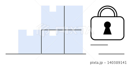 Data security, supply chain management, e-commerce, logistics, secure storage, delivery tracking. Stacked boxes beside a padlock icon. Data security and supply chain management concept Data security, supply chain management, e-commerce, logistics, secure storage, delivery tracking. Stacked boxes beside a padlock icon. Data security and supply chain management concept 140389141
