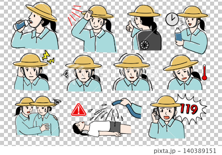 一組彩色插圖,描繪了一位女農民中暑的症狀和應對措施。內容包括急救、降溫、農事和職業安全。 一組彩色插圖,描繪了一位女農民中暑的症狀和應對措施。內容包括急救、降溫、農事和職業安全。 140389151