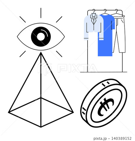 Vision, fashion industry, digital currency, modern design, creativity, conceptual art. Minimalist eye on triangle, hanging garments and currency coin. Vision and fashion industry concept Vision, fashion industry, digital currency, modern design, creativity, conceptual art. Minimalist eye on triangle, hanging garments and currency coin. Vision and fashion industry concept 140389152