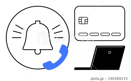 Payment security, online banking, remote communication, transaction alerts, digital finance, technology. Bell notification, credit card phone symbol and laptop. Payment security and online banking 140389155