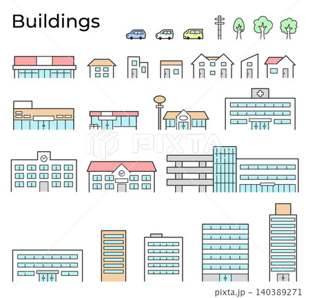 シンプルなカラーの建築物セット(住宅、お店、ビル、商業施設など) シンプルなカラーの建築物セット(住宅、お店、ビル、商業施設など) 140389271