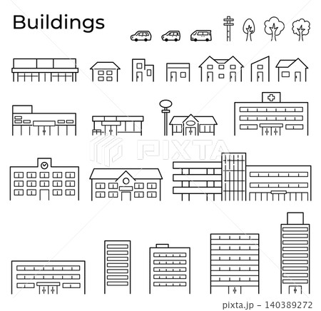 シンプルなモノトーンの建築物セット（住宅、お店、ビル、商業施設など） 140389272