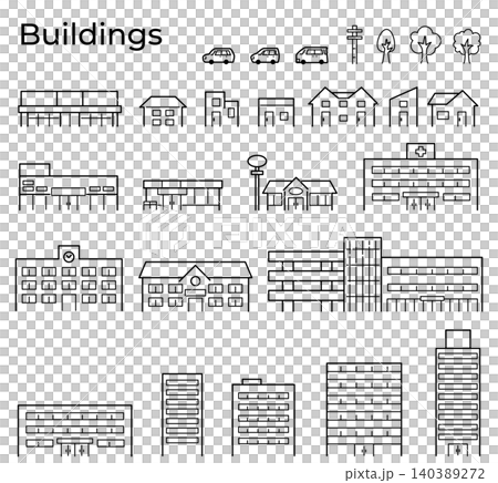 シンプルなモノトーンの建築物セット（住宅、お店、ビル、商業施設など） 140389272