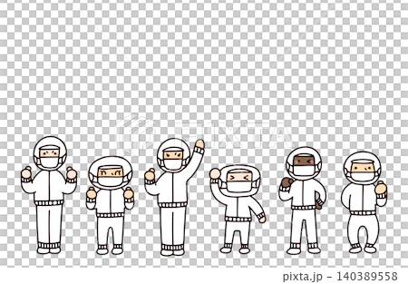 一幅插圖,描繪了六名食品廠工人擊掌慶祝的場景。 一幅插圖,描繪了六名食品廠工人擊掌慶祝的場景。 140389558