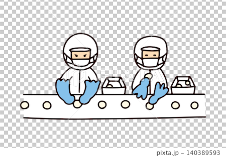 Illustration of a food factory worker operating a conveyor belt. Illustration of a food factory worker operating a conveyor belt. 140389593