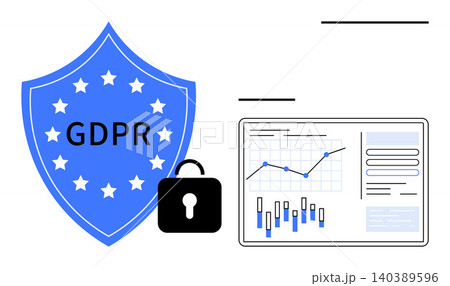 GDPR policy, data protection, compliance management, cybersecurity, data privacy, and legal regulation. Blue shield labeled GDPR, lock icon and analytics dashboard. GDPR and data protection concept GDPR policy, data protection, compliance management, cybersecurity, data privacy, and legal regulation. Blue shield labeled GDPR, lock icon and analytics dashboard. GDPR and data protection concept 140389596