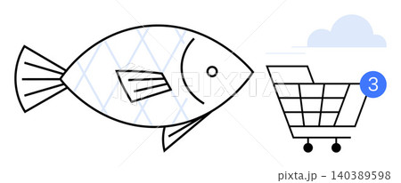 E-commerce, online shopping, seafood trade, digital commerce, food delivery, mobile app notifications. Fish silhouette and shopping cart with a notification bubble. E-commerce and online shopping E-commerce, online shopping, seafood trade, digital commerce, food delivery, mobile app notifications. Fish silhouette and shopping cart with a notification bubble. E-commerce and online shopping 140389598