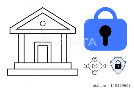 Banking, cybersecurity, blockchain technology, financial security, data protection, digital transactions. A bank icon, a lock symbol and a blockchain diagram. Financial security and data protection Banking, cybersecurity, blockchain technology, financial security, data protection, digital transactions. A bank icon, a lock symbol and a blockchain diagram. Financial security and data protection 140389601