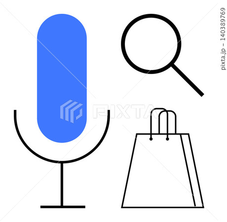 Digital assistance, e-commerce, search tools, technology interfaces, retail innovation, online convenience. Blue microphone, magnifying glass shopping bag outline. Digital assistance and e-commerce 140389769