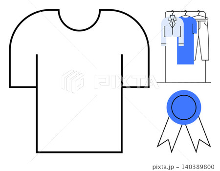 Fashion design, branding, apparel merchandising, clothing production, award recognition, creative industry. Minimal t-shirt outline, clothing rack blue ribbon. Apparel merchandising and branding Fashion design, branding, apparel merchandising, clothing production, award recognition, creative industry. Minimal t-shirt outline, clothing rack blue ribbon. Apparel merchandising and branding 140389800