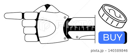 E-commerce, automation, fintech, digital economy, online payment, robotic design. Robotic hand pointing to coin and buy button. E-commerce and automation concepts 140389846