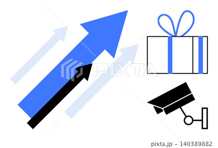 Business development, e-commerce, retail success, market trends, holiday sales, surveillance solutions. Blue and black arrows, gift box and security camera. Business growth and e-commerce focus Business development, e-commerce, retail success, market trends, holiday sales, surveillance solutions. Blue and black arrows, gift box and security camera. Business growth and e-commerce focus 140389882