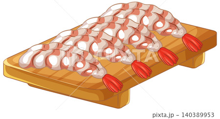 Fresh Raw Peeled Shrimp Arranged on a Wooden Cutting Board Fresh Raw Peeled Shrimp Arranged on a Wooden Cutting Board 140389953