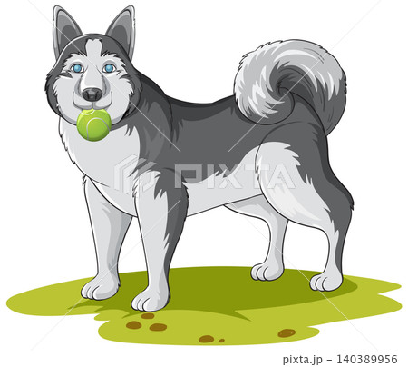 Siberian Husky Dog Standing on Grass Holding a Green Tennis Ball Siberian Husky Dog Standing on Grass Holding a Green Tennis Ball 140389956