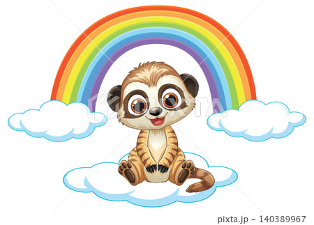Cute Cartoon Meerkat Sitting on a Cloud Under a Rainbow 140389967
