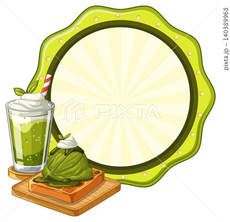 Matcha Green Tea Dessert Set with Waffle and Blank Circular Frame Matcha Green Tea Dessert Set with Waffle and Blank Circular Frame 140389968