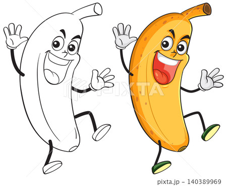 Happy Cartoon Banana Character in Color and Outline 140389969