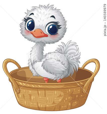 Cute Cartoon Baby Ostrich Sitting Inside a Woven Wicker Basket Cute Cartoon Baby Ostrich Sitting Inside a Woven Wicker Basket 140389979
