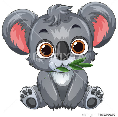 Cute Cartoon Baby Koala Sitting and Eating Green Eucalyptus Leaves Cute Cartoon Baby Koala Sitting and Eating Green Eucalyptus Leaves 140389985