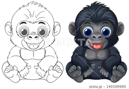 Cute Baby Gorilla Vector Illustration in Color and Line Art Cute Baby Gorilla Vector Illustration in Color and Line Art 140389989