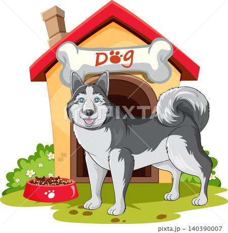 Siberian Husky Standing Outside a Wooden Dog House with Food Bowl Siberian Husky Standing Outside a Wooden Dog House with Food Bowl 140390007