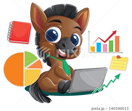 Cartoon Horse Character Working on Laptop with Business Data Charts Cartoon Horse Character Working on Laptop with Business Data Charts 140390013