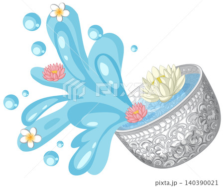Traditional Thai Silver Bowl Splashing Water with Flowers for Songkran Festival Traditional Thai Silver Bowl Splashing Water with Flowers for Songkran Festival 140390021