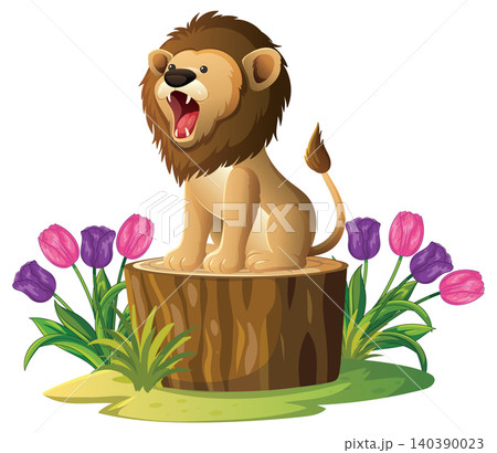 Cartoon Lion Roaring on Tree Stump Surrounded by Colorful Tulips 140390023