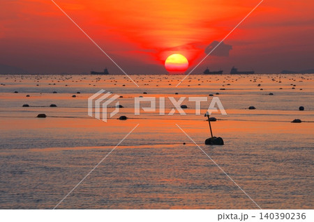 明石海峡のだるま夕陽とたくさんの海苔の養殖網のブイ/江井ヶ島港より 140390236
