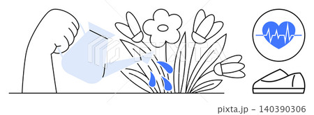 Health, self-care, sustainability, environment, growth, lifestyle. Hand pouring water on flowers, heart rate icon shoe icon. Sustainability and health concepts promoting holistic wellness Health, self-care, sustainability, environment, growth, lifestyle. Hand pouring water on flowers, heart rate icon shoe icon. Sustainability and health concepts promoting holistic wellness 140390306