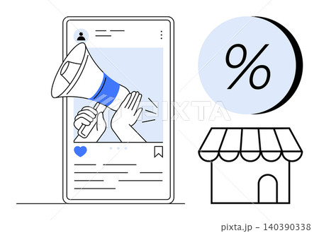 Marketing strategy, online shopping, e-commerce, advertising, brand promotion, sales growth. A smartphone screen with a megaphone and a shop icon with a discount symbol. Marketing strategy and online Marketing strategy, online shopping, e-commerce, advertising, brand promotion, sales growth. A smartphone screen with a megaphone and a shop icon with a discount symbol. Marketing strategy and online 140390338