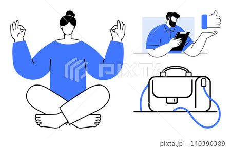 Work-life balance, wellness, meditation, remote work, productivity, digital tools. A meditating woman, a remote working professional and a laptop bag. Wellness and remote work in modern lifestyles Work-life balance, wellness, meditation, remote work, productivity, digital tools. A meditating woman, a remote working professional and a laptop bag. Wellness and remote work in modern lifestyles 140390389