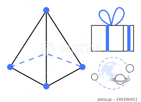 Education, science, technology, space exploration, geometry, and celebrations. A geometric pyramid, gift box and planetary system icon. Education and space exploration concept Education, science, technology, space exploration, geometry, and celebrations. A geometric pyramid, gift box and planetary system icon. Education and space exploration concept 140390451