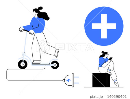 Sustainable transport, urban mobility, technology, connectivity, modern lifestyle, renewable energy. Woman riding an electric scooter and using a tablet. Sustainable transport and urban mobility Sustainable transport, urban mobility, technology, connectivity, modern lifestyle, renewable energy. Woman riding an electric scooter and using a tablet. Sustainable transport and urban mobility 140390491