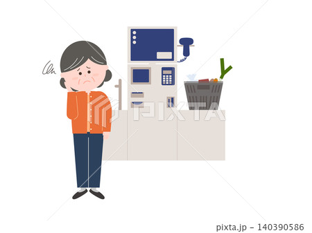 セルフレジの前で悩む女性 セルフレジの前で悩む女性 140390586