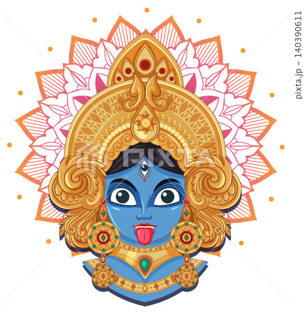 Blue Hindu Goddess Kali Vector Illustration with Golden Crown and Mandala Blue Hindu Goddess Kali Vector Illustration with Golden Crown and Mandala 140390611