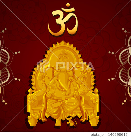 Golden Ganesha Statue with Om Symbol on Red Mandala Background Golden Ganesha Statue with Om Symbol on Red Mandala Background 140390615