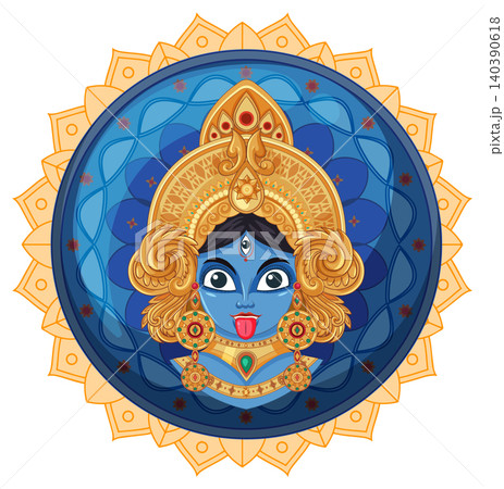 Vector Illustration of Blue Hindu Goddess Kali in Circular Mandala Frame 140390618