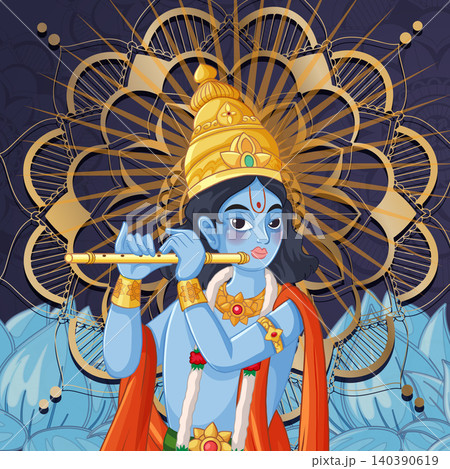 Vector Illustration of Blue Deity Playing Flute with Mandala Background Vector Illustration of Blue Deity Playing Flute with Mandala Background 140390619