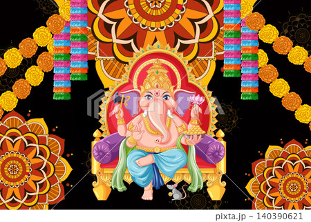 Lord Ganesha Sitting on Throne with Mandalas and Marigold Garlands Lord Ganesha Sitting on Throne with Mandalas and Marigold Garlands 140390621