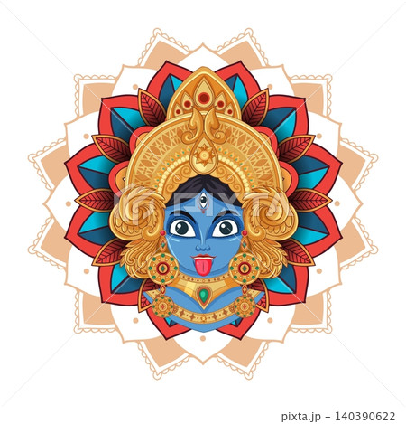 Stylized Hindu Goddess Kali Portrait with Golden Jewelry and Mandala Background 140390622