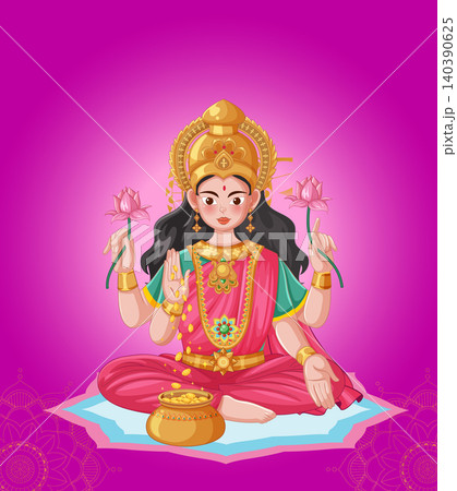 Vector Illustration of Hindu Goddess Sitting with Gold Coins and Lotus Flowers Vector Illustration of Hindu Goddess Sitting with Gold Coins and Lotus Flowers 140390625