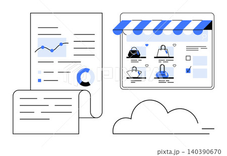E-commerce, online shopping, data analysis, business trends, retail marketing, digital marketplace. Charts beside an online store screen. E-commerce and online shopping concepts E-commerce, online shopping, data analysis, business trends, retail marketing, digital marketplace. Charts beside an online store screen. E-commerce and online shopping concepts 140390670