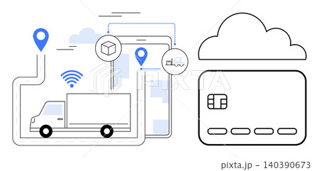 Supply chain management, online transactions, e-commerce, digital payments, logistics tracking, cloud technology. Graphic showing a truck, GPS icons and a credit card cloud. Supply chain management Supply chain management, online transactions, e-commerce, digital payments, logistics tracking, cloud technology. Graphic showing a truck, GPS icons and a credit card cloud. Supply chain management 140390673