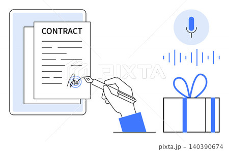 Digital contracts, voice recognition, signing, gifts, online agreements, technology solutions. A hand signs a contract, microphone with sound waves and gift box. Digital contracts and voice 140390674
