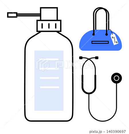 Healthcare, hygiene, retail, pandemic precautions, safety measures, fashion. Stethoscope, hand sanitizer and handbag . Healthcare and hygiene public safety and retail integration Healthcare, hygiene, retail, pandemic precautions, safety measures, fashion. Stethoscope, hand sanitizer and handbag . Healthcare and hygiene public safety and retail integration 140390697